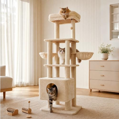 Image of 65in Large Cat Tree Heavy Duty Tower Condo & Sisal Posts for Cats | Heavy board ensures stability; sisal posts meet clawing needs. XL condo for cats' cozy retreat. Ideal for multiple cats