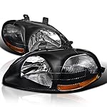 Spec-D Tuning Jdm Black Headlights Oem Si Compatible with Honda Civic 1996-1998 L+R Pair Head Light Lamp Assembly