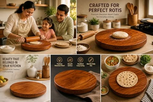 Image of Wooden Floral Design Rolling Board, Teak Wood Chakla Polpat for Roti, Chapati & Paratha Making, Durable Kitchen Chakla, 10 Inch