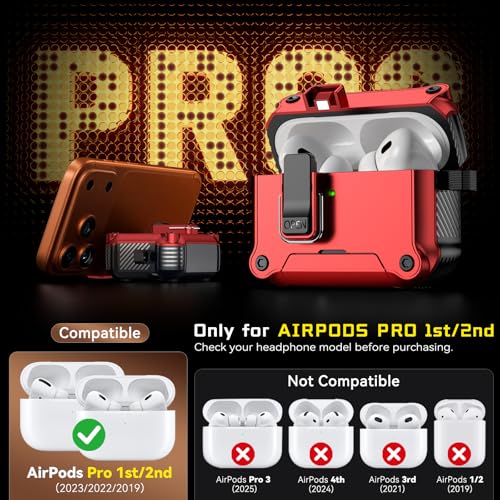 Image of Inesore for AirPods AirPods Pro 1st /2nd Case with Secure Lock (Red) | Phone Stand Design,Compatible with MagSafe,Automatic Snap Switch Secure Cover with Cleaner Kit & Keychain