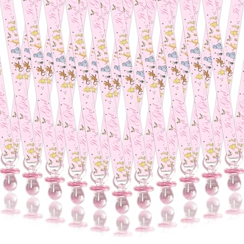 Image of Winnie Baby Shower Pacifiers Necklace, It’s a Girl Baby Shower Favors, 30 Pink Acrylic Pacifiers with Ribbon Printed It’s a Girl, Pooh Pacifier Necklace Gifts, Gender Reveal Table Decorations
