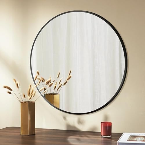 Wandspiegel 100cm Spiegel mit Schwarz Metallrahmen, Badspiegel HD Groß Badezimmerspiegel Rund Metall Rahmen Abgerundete Wandmontage Kosmetikspiegel für Badezimmer Wohnzimmer Waschräume Schlafzimmer Wandspiegel 100cm Spiegel mit Schwarz Metallrahmen, Badspiegel HD Groß Badezimmerspiegel Rund Metall Rahmen Abgerundete Wandmontage Kosmetikspiegel für Badezimmer Wohnzimmer Waschräume Schlafzimmer