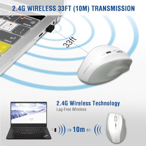 Image of E-YOOSO Wireless Mouse for Laptop, Portable Optical Computer Mouse, 6 Buttons, Cordless 2.4GHz with USB Receiver, 5-Level 4800 DPI, 18 Months Battery Life, for PC, Chromebook, Windows, Mac(White Gray)