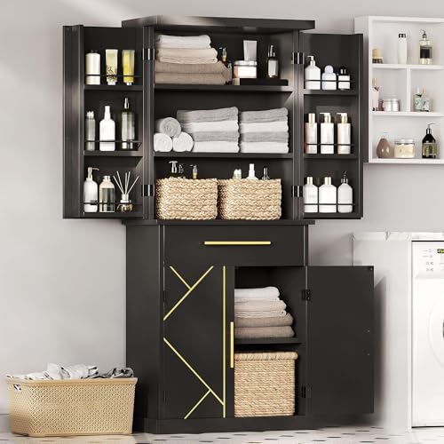 DWVO 72" Kitchen Pantry Storage Cabinet, Tall Modern Food Buffet Cabinets with Drawer & Adjustable Shelves & Door Rack, Freestanding Wood Storage Cupboard for Dining Room, Living Room, Bathroom, Black