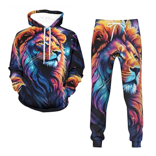 Conjunto deportivo de 2 piezas con estampado de león 3D para hombre, sudadera de manga larga, chaquetas y pantalones activos, León 4, L