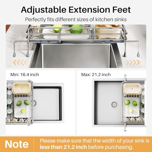 Image of Expandable Dish Drying Rack for Kitchen Counter, Stainless Steel, Silver | Foldable Over Sink, Large Capacity, Adjust to Fit Most Sinks, Angled Drainboard, Removable Utensil Holder, Slip Resistant