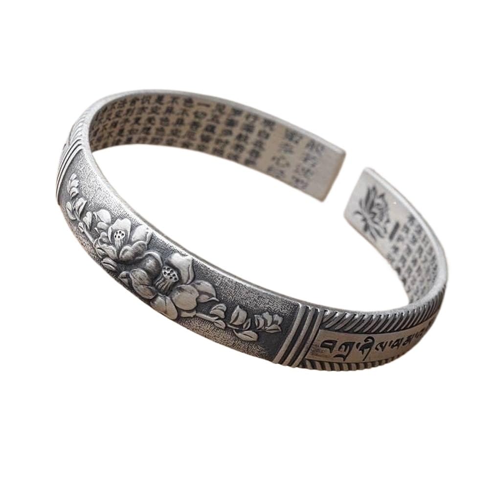 Bracciale rigido alla moda, bracciale rigido in argento 999 con detti buddisti Bracciale con detti buddisti femminili Fiore che sboccia Ricchezza e peonia Bracciale in argento I braccialetti possono e