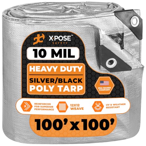 Image of Heavy Duty Poly Tarp - 100' x 100' - 10 Mil Thick Waterproof, UV Blocking Protective Cover - Reversible Silver and Black - Laminated Coating - Grommets - by Xpose Safety