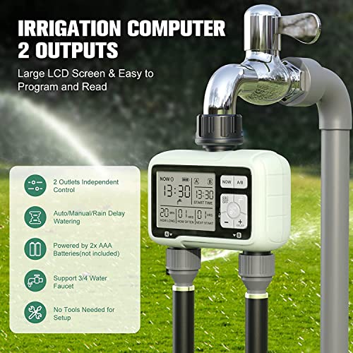Image of Pinolex Sprinkler Digital Water Timer 2 Zone for Garden Farming Plants Hose Faucet Outlet Programmable Home Irrigation Taps System Controller with Child Lock Mode Auto & Manual Off Rain Delay