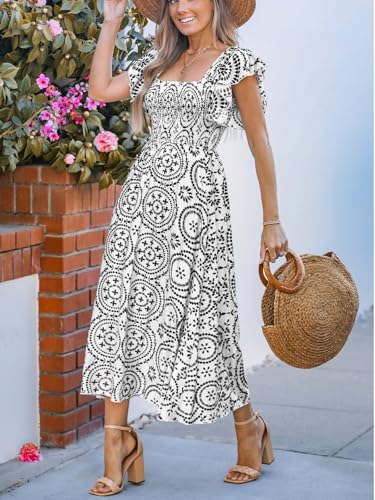 Image of CUPSHE Women's Paisley Square Neck Flutter Sleeve Smocked Bodice Midi Dress