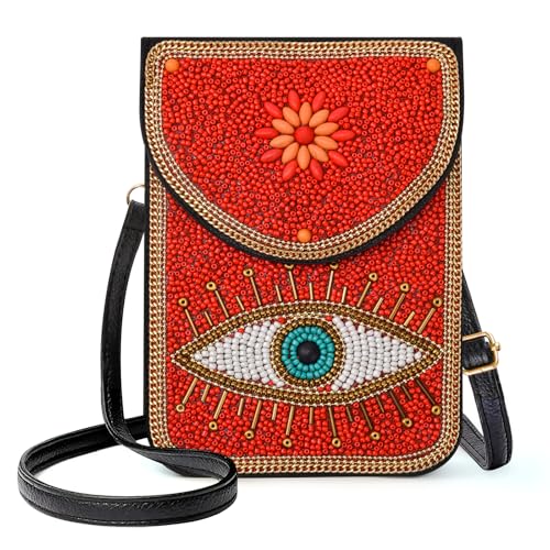 Image of Small Beaded Crossbody Bag for Women, Boho Cell Phone Shoulder Purse Wallet with Handcrafted Colorful Beads