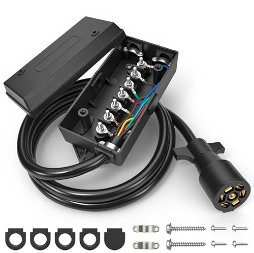 PKDOAX 7 Pin Trailer Wiring Harness Kit with 6FT Heavy Duty 7 Way Plug Inline Trailer Cord and Waterproof 7 Way Trailer Junction Box for RV Truck and Camper