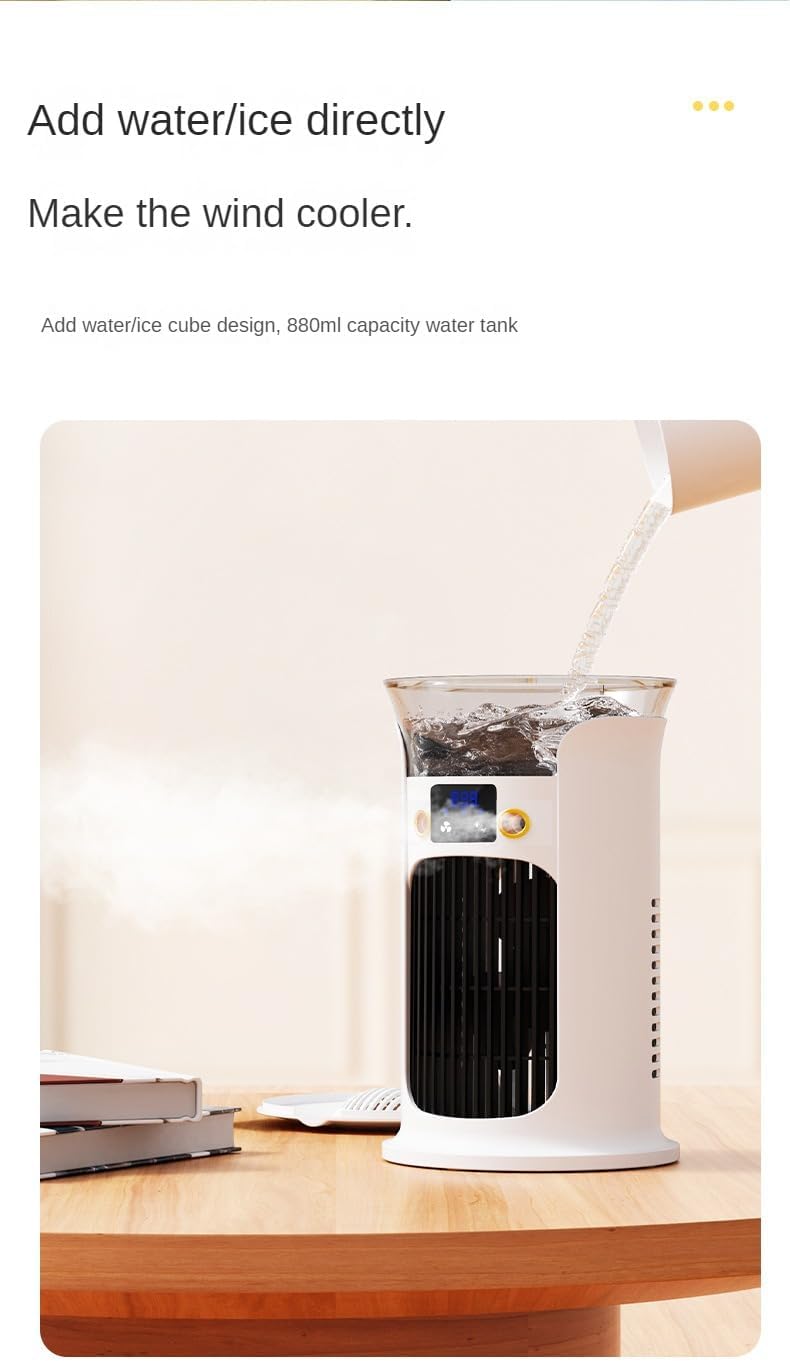 Portable Air Conditioners Fan Evaporative Mini Room Air Conditioners, AC Unit Air Cooler with 2 in 1 Humidifier Fan Conditioner with 880ML, 3 SpeedDesktop Cooling Fan for Room Office Desk (White)