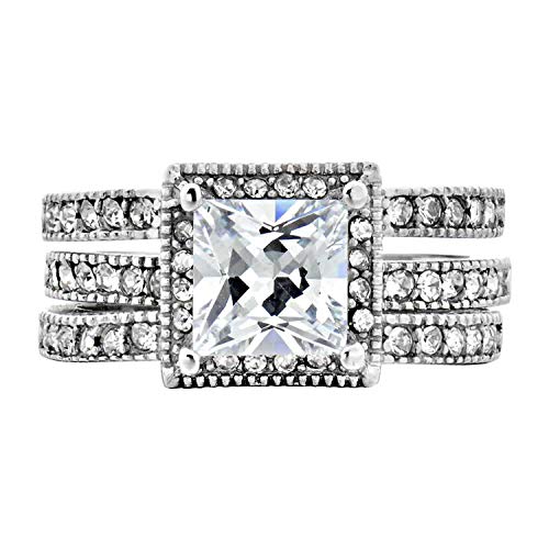 Flamereflection Women Wedding Ring Sets Stainless Steel Halo Princess Cut Cubic Zirconia Cz Engagement Anniversary Ring Bridal Set Size 5-10 #TOP1