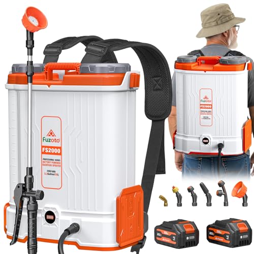 FUZOTO 5.3 Gallon Battery Powered Backpack Sprayer, 2 * 20V Large Capacity Battery & 45-90PSI Adjustable Pressure, Electric Backpack Garden Sprayer with 6 Spray Nozzles for Lawn, Garden, Yard