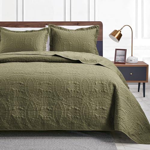 Love's cabin King Size Quilt Bedding Set Green Bedspreads - Bed Summer Lightweight Bedspread Comforter - Coin Pattern Bedding Coverlet for All Season - 3 Pieces (1 Quilt, 2 Pillow Shams)