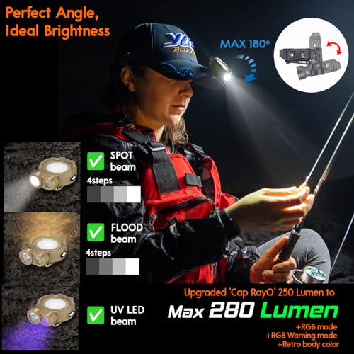 Raynaks R2L Ultra Bright 280Lumen Led Caplight Uv Rgb Flashlight Lightweight Cap Light Clip On Hat Light Rechargeable Usb-C Waterproof Durable Best thumb #1