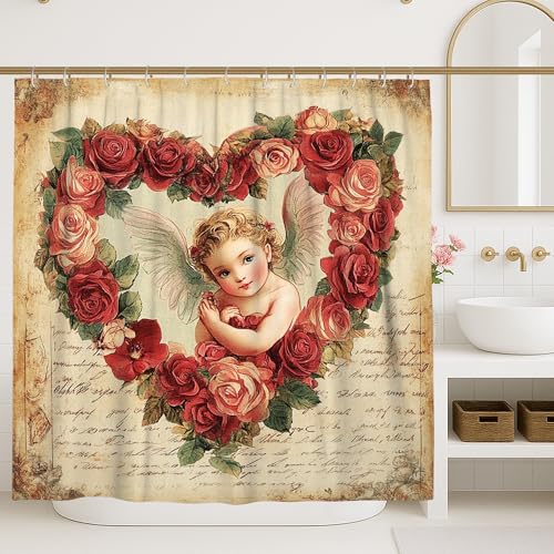Angel Shower Curtain, Vintage Romantic Roses Heart Valentine's Red Polyester