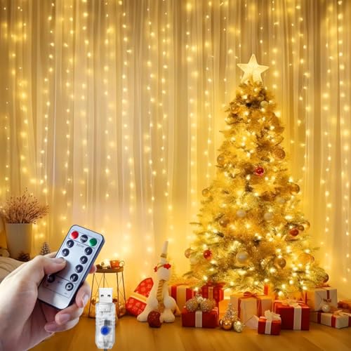 JTSIOV Cortina de luzes, 3 x 2,7 m, 300 luzes LED, 8 modos cortina de luzes de Natal, controlo remoto com temporizador para o Natal, quarto, casamento, festa