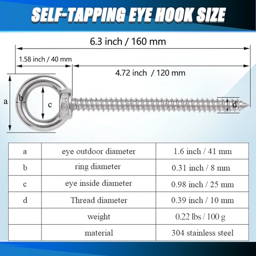 Image of OHIYO 6.3 Inch Heavy Duty Eye Hooks M10 Self Tapping Eyelet Screw Load Capacity 850LBS Heavy Duty Screw in Eye Hooks for Hammock Stand, Swing Chair, Yoga, Heavy Indoor & Outdoor Uses (4Pack- M10)