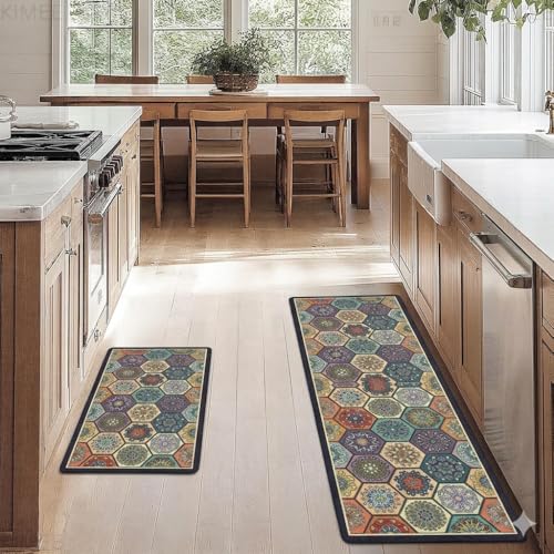 Image of VANZAVANZU KIMEE 2 Pcs Kitchen Mat Set - Non-Slip Water Absorbent Floor Mats for Kitchen & Sink Runner - Soft Cushioned Rugs with Vintage Tile Print Design (120x40 cm + 40x60 cm)