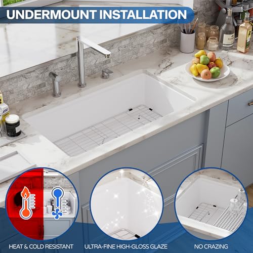 30 White Farmhouse Sink Workstation, Hugsleek Undermount Farm Kitchen Sink 30x20 inch Apron Front White Porcelain Ceramic Fireclay Sinks Ledge Accessories Single Bowl Under Counter Farmer Sinks Basin