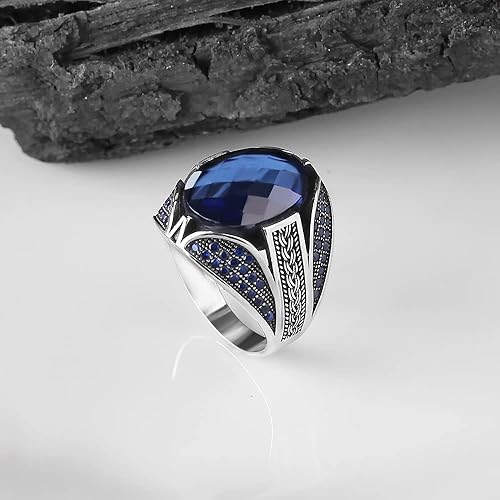 Miniatura 3 de 925 Sterling Silver Men Silver Ring with Sapphire GemStone, Handmade Engraved Silver Ring, Gift for him, Minimalist Silver Ring