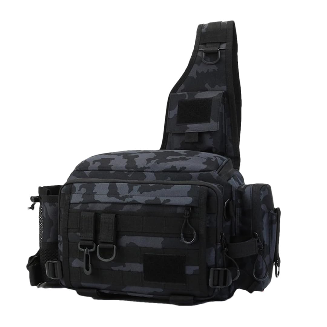 Suwequest Borsa da pesca con esche multifunzione Marsupio per canna da pesca Borsa a tracolla Borsa per attrezzi da pesca, Nero Camo Plus
