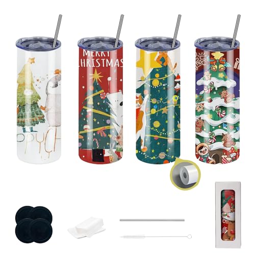 CWRIEB 4pack 20oz flat edge sublimation tumblers White skinny insulated Sublimation tumbler Straight Cups with Individual Gift Box Silicone Bottom Polymer Coating for Heat Transfer 4pack 20oz
