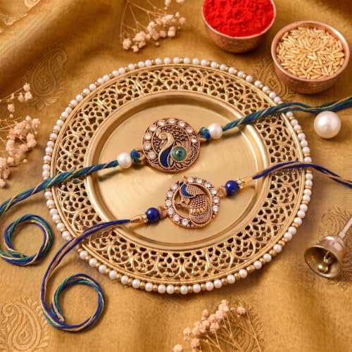 Image of CraftVatika Kundan Rakhi Set for Brother Set of 2, Designer Peacock Rakhi for Brother Boy Men, Premium Kalash Raki for Bhaiya, Traditional Rakshabandhan Rakhis with Best Wishes Card and Tillak Set