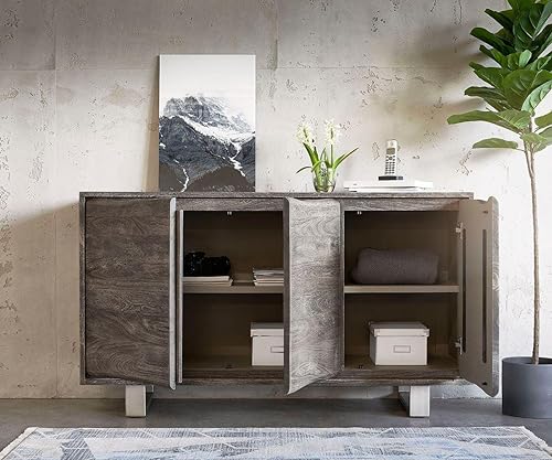 Image of Wooden Sideboard Cabinet for Living Room, Kitchen| 3 Door & 4 Shelf Storage Sideboard Sheesham Wood (Grey)