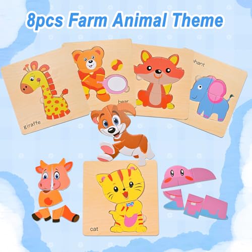 Image of 8pcs Wooden Puzzles for Toddlers 2 3 4, Toddler Puzzles Ages 1 2 3 4 | Montessori Educational Jigsaw Toys Puzzles Christmas Birthday Gift for Kids Girl Boy 1-4 Year Old (Zoo Animals)