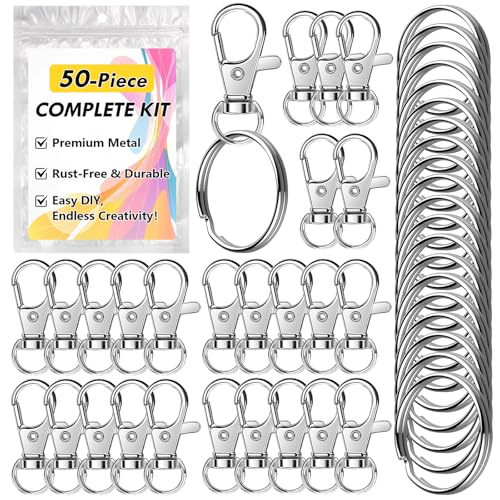 Bonison 50 PCS Keychain Making Kit with Lobster Claw Clasps & Key Rings Keychain Clip with Key Ring Craft Supplies for DIY Keychains Jewelry & Lanyard Projects