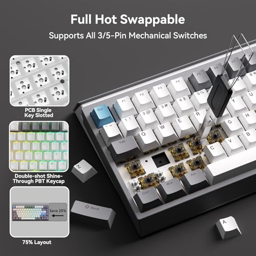 Image of AUSDOM U75 Wireless Mechanical Keyboard, Hot Swappable 75% Creamy Gaming Keyboard with 2.4GHz /USB-C /BT5.0, Shine Through PBT Keycaps, RGB Backlit Custom Keyboards for Win /Mac /PC (Non-Silent Version)