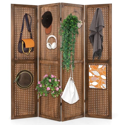Giantex 4 Panel Pegboard Display & Room Divider, 5.6FT Folding Pegboard Stand for Crafting Show Jewelry Retail, Freestanding Privacy Screen, Wooden Partition Wall Divider for Room Separation, Brown