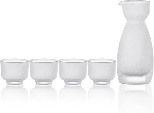 5 Piece Japanese Glass Sake Set, Contains 1 Sake Bottle and 4 Sake Glasses