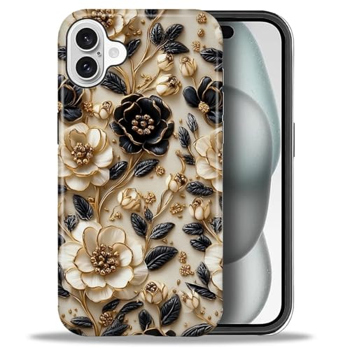 ZHEGAILIAN Case for iPhone 16,Shockproof Hard Shell + Soft Silicone 2 in 1 Hybrid,Shockproof Bumper Drop Protective - Black and White Flower