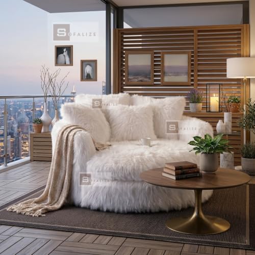 Image of SOFALIZE - Modern Barrel Accent with Pillows Round Sofa Combines Contemporary Design Oversize Arm Chair Cozy Club Chair for Bedroom, Living Room, Lounge, Hotel & Office, Hallways (White Far Fabric)