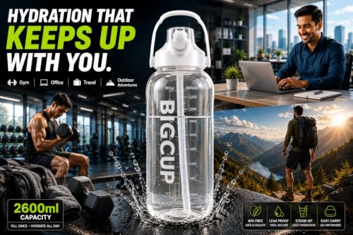 Image of Motivation Sports Water Bottle 2 Liter Capacity With Fitness Sports Gym Water sipper Bottle for Adults Office Gym-Multicolor| Plastic (White, 2.6 Liter)