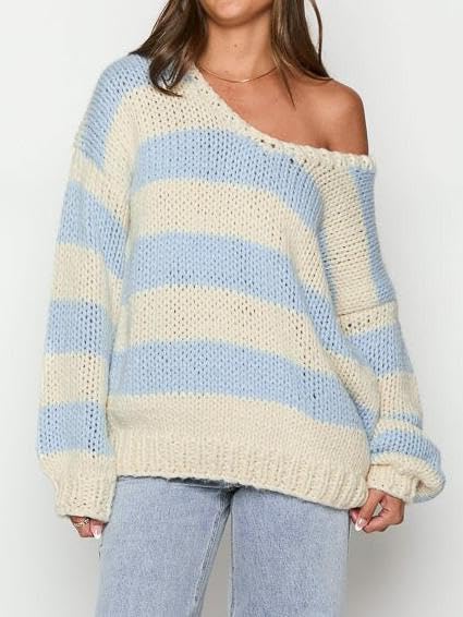 Womens Y2k One Shoulder Striped Sweaters Oversized Fall Winter Color Block Long Sleeve Sweater Pullover Knit Tops2