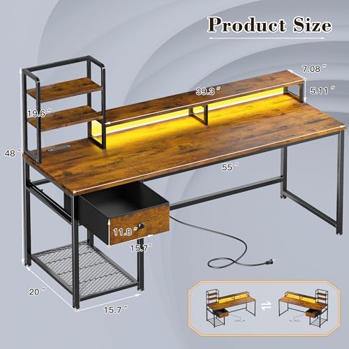 Image of EnHomee 55 inch Reversible Computer Desk, Hutch, USB & LED, Rustic Brown | Fits 2 Monitors on Stand; Drawer & 3 Shelves; 60,000 Colors Music Sync RGB; 3 AC Ports & Type-C; Steel Frame; Easy Build