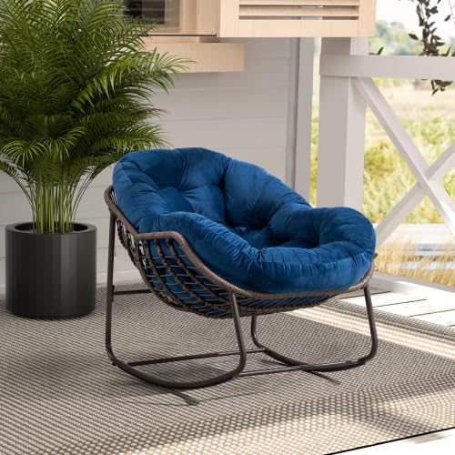Outdoor Rocking Chair, Patio Rattan Egg Rocking Chair, Indoor Outside Padded Cushion Rocker Recliner Chair, Patio Lounge Rocker Chair for Front Porch, Living Room, Balcony, Backyard (Navy Blue)