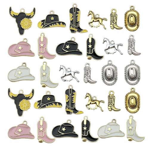 30pcs Western Cowboy Charms for Jewelry Making Alloy Boot Gun Cowboy Boot Hat Horse Cactus Charms Pendants for Necklace Earrings Bracelet Keychain Fathers Day Gifts DIY Craft Findings (SN1042)
