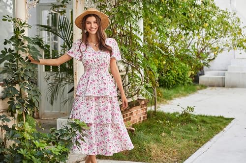 GRACE KARIN 2024 Damen Sommer V-Ausschnitt Kurzarm Blumenkleid Casual Strand Maxi Kleid Elegant A-Linie Freizeitkleid Urlaubskleid Hochzeit – Bild 3