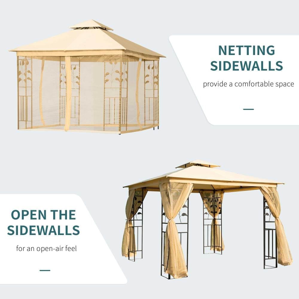 Metal Patio Gazebo with Double Roof and Mosquito Netting for Outdoor Garden or Backyard Use