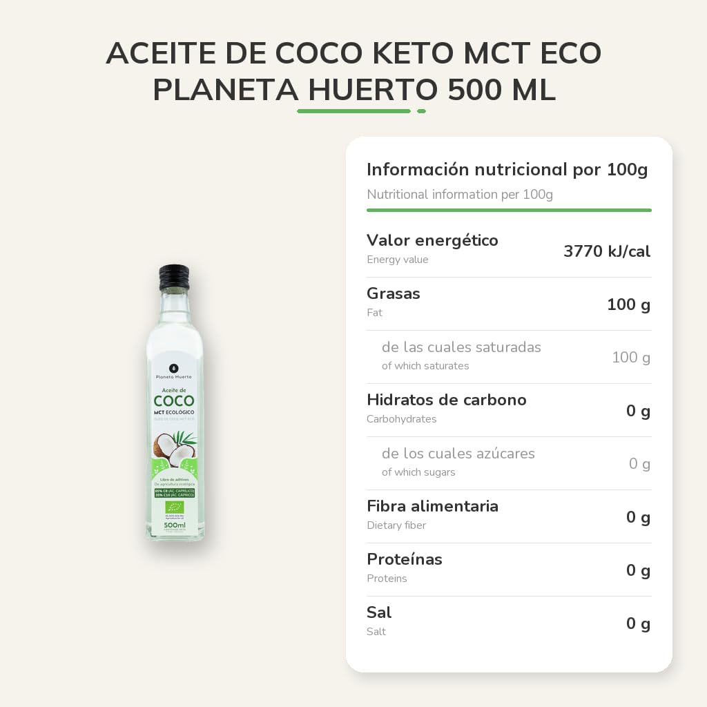PLANETA HUERTO | Aceite de Coco MCT Ecológico 500 ml – Aceite de coco 100% Triglicéridos de Cadena Media con 65% Ácido Caprílico C8 y 35% Ácido Cáprico C10, Energía Cetogénica Rápida