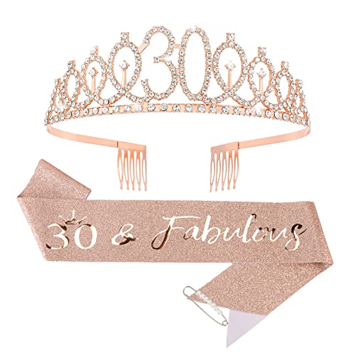 CIEHER 30th Birthday Crown + Sash + Pearl Pin Set Rose Gold Decorations for Womens 30th Birthday Gifts with Tiara Cake Topper & Happy Party Decor