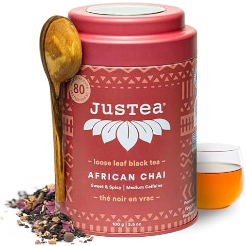 JusTea AFRICAN CHAI | Loose Leaf Black Tea | Tin with Hand Carved Tea Spoon | 40+ Cups (3.5oz) | Medium Caffeine | Award-Winning | Fair Trade | Non-GMO Cover