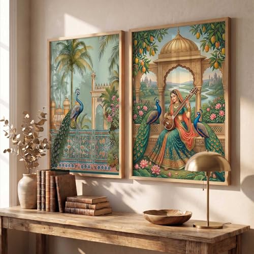 Image of kotart Decorative Traditional Wall Art Home Decor Madhubani Painting poster With Frame For Living Room Bed Room Hotel Wall Decor Digital Reprint Set of 2 (10X13 INCH)