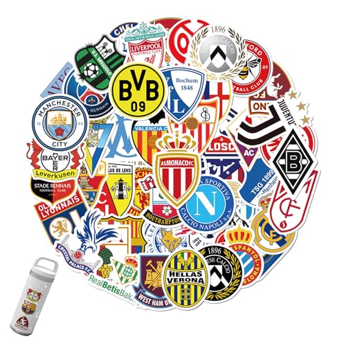 50 Stück Fußball Club Sticker Set, Logo der Fußball-Aufkleber,Fußball Team Logo ,Wasserdichte Vinyl Aufkleber, Fußball Match Decals für Wasserflaschen, Gepäck, für Kinder Jugendliche Erwachsene